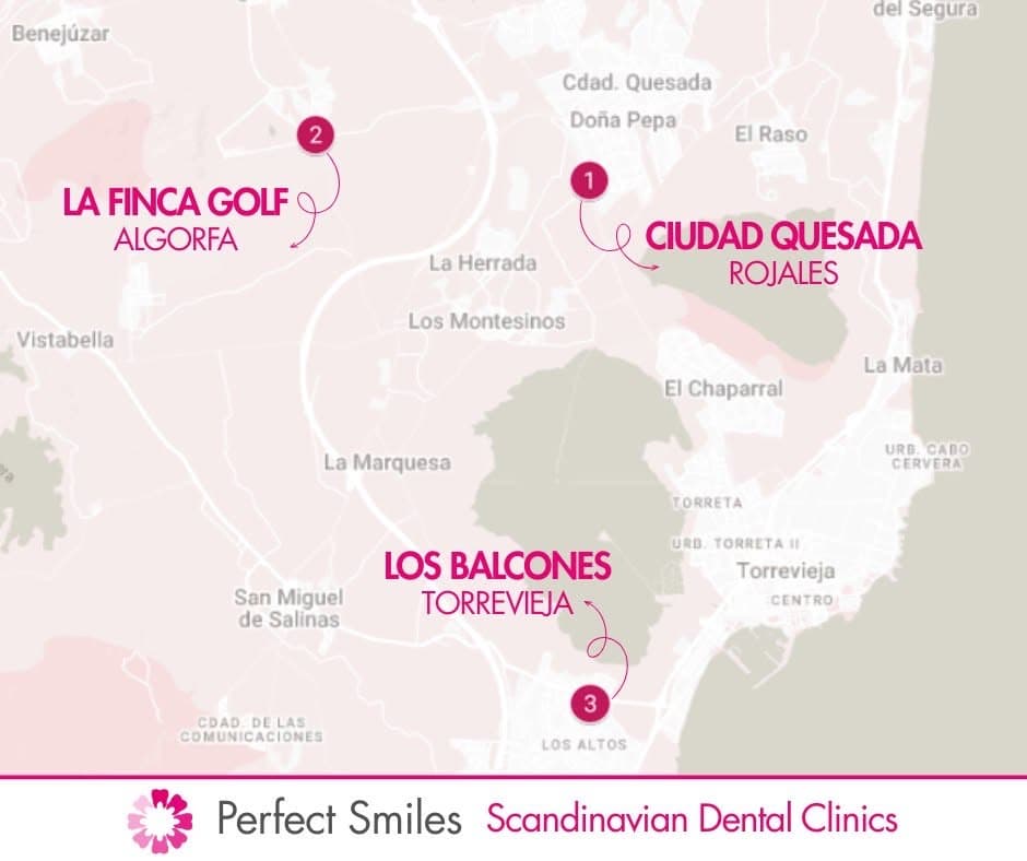 Map showing Perfect Smiles clinics in Ciudad Quesada, La Finca Golf, and Los Balcones
